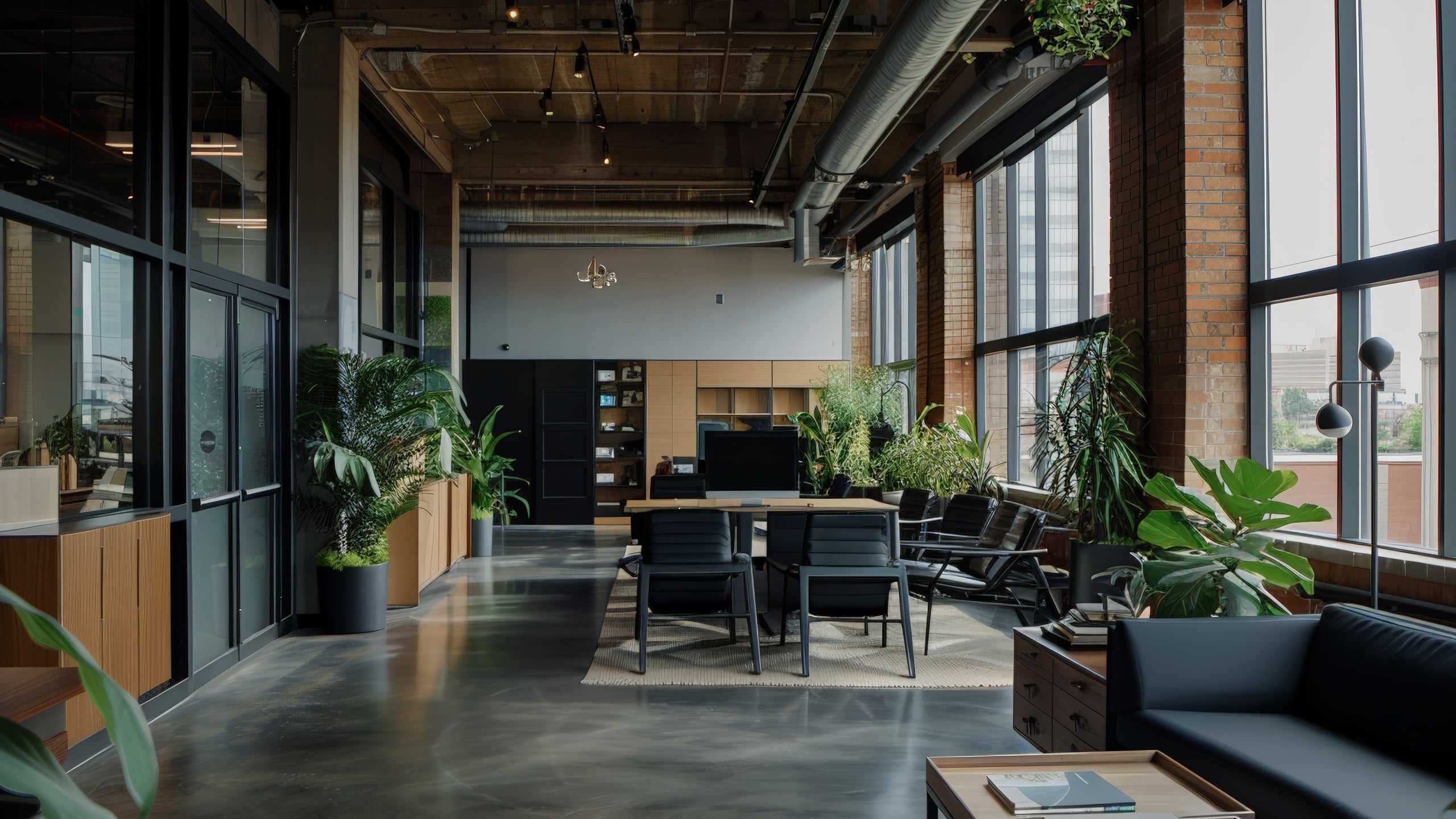 Modern workspace featuring bright interiors, fresh paint, and immaculate cleanliness, creating a welcoming atmosphere.